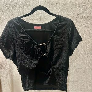 Stylish Black Crop Blouse with Tie Front and Cut-Out